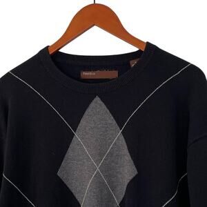 Vintage Perry Ellis Cotton Long Sleeve Crew Neck Argyle Sweater, Black, XL